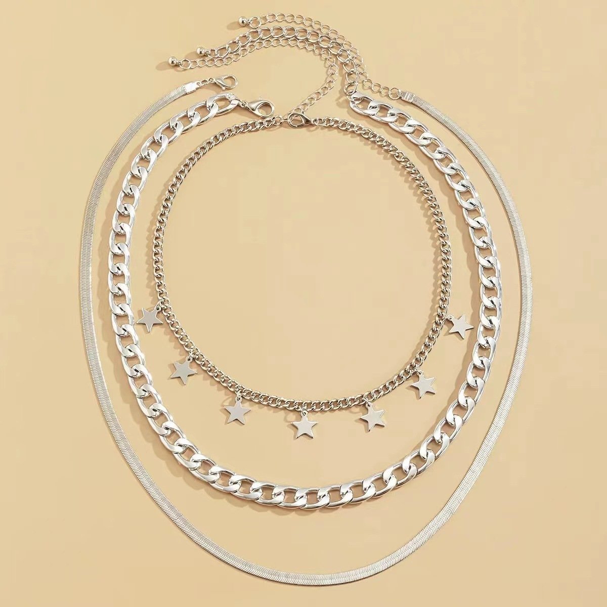 Fashion Simple Geometric Flat Snake Bone Chain Necklace Hip Hop Sequin Star Pendant Necklace Set