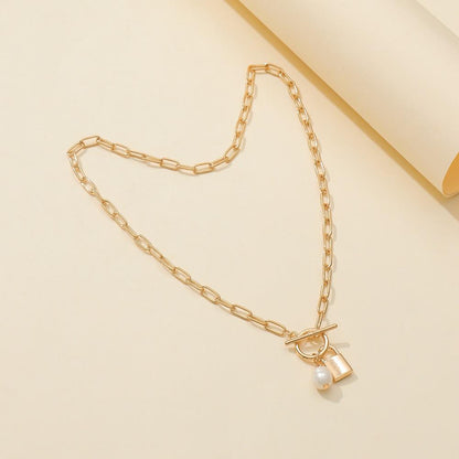 Ins jewelry creative simple OT buckle freshwater pearl love lock pendant fashion retro necklace female