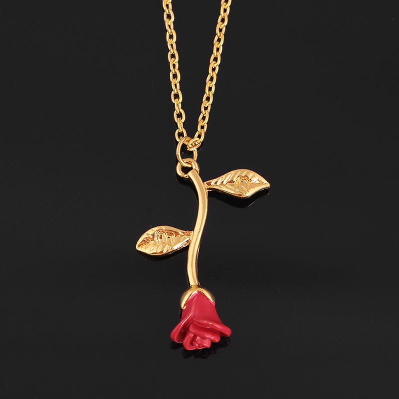 Red Rose Pendant Necklace Female Cute Plant Flower Clavicle Chain Jewelry