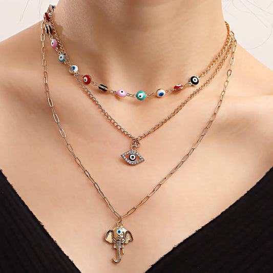 Jewelry Fashion Street Shooting Devil's Eye Elephant Trunk Pendant Necklace Female Punk Multi-layered Wearing Accessories