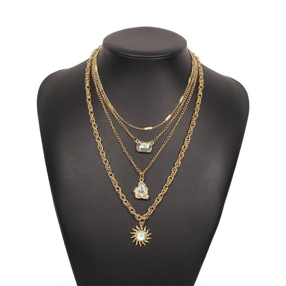 N9432 multi-layer chain necklace sun water drop pendant necklace trendy street photography diamond necklace female