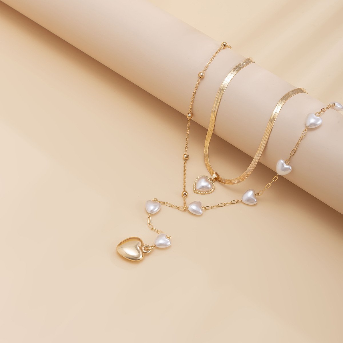 Jewelry Punk Faux Pearl Snake Chain Necklace Asymmetric Double Layer Heart Long Tassel Necklace
