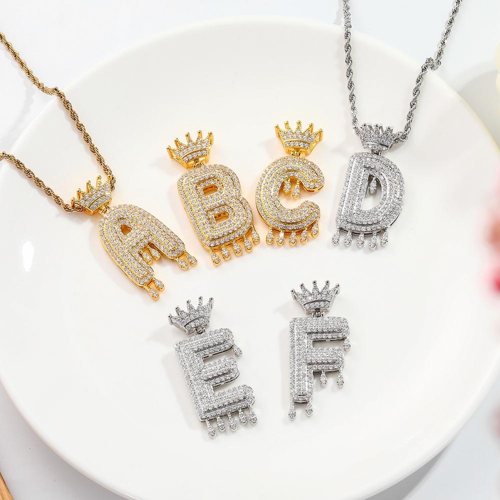 Hip-hop trend necklace copper micro-inlaid zircon 26 English letters crown full diamond pendant jewelry