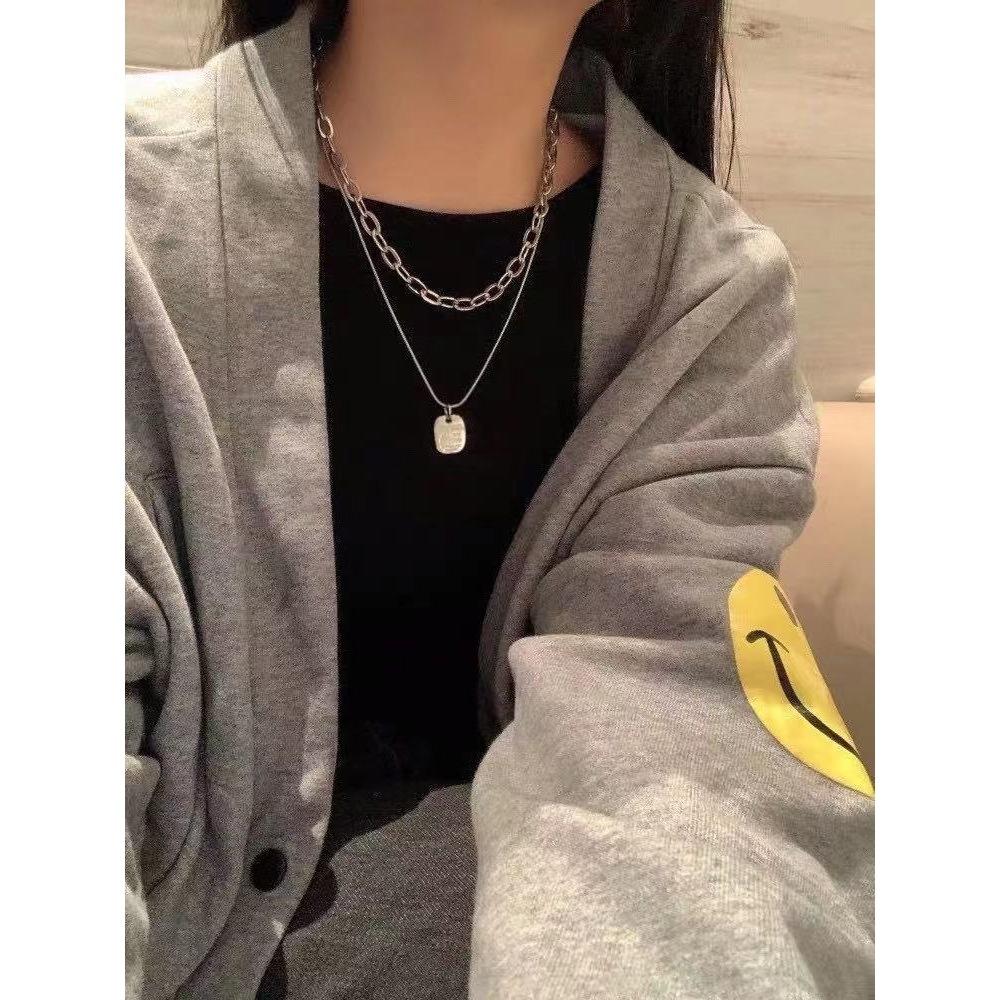 Double layer stacked square brand pendant necklace simple cold metal sweater chain hip hop necklace jewelry