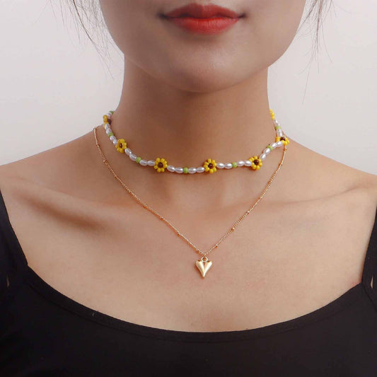 Jewelry Bohemia Double Color Daisy Flower Love Pendant Necklace Female Clavicle Chain Necklace