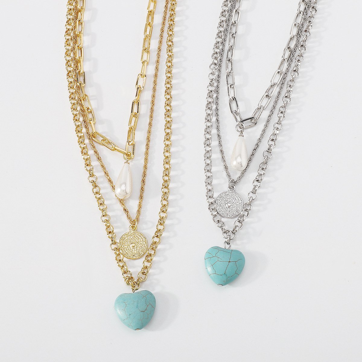 N1189 Multilayer Necklace Turquoise Exaggerated Punk Necklace Retro Personality Fashion Necklace