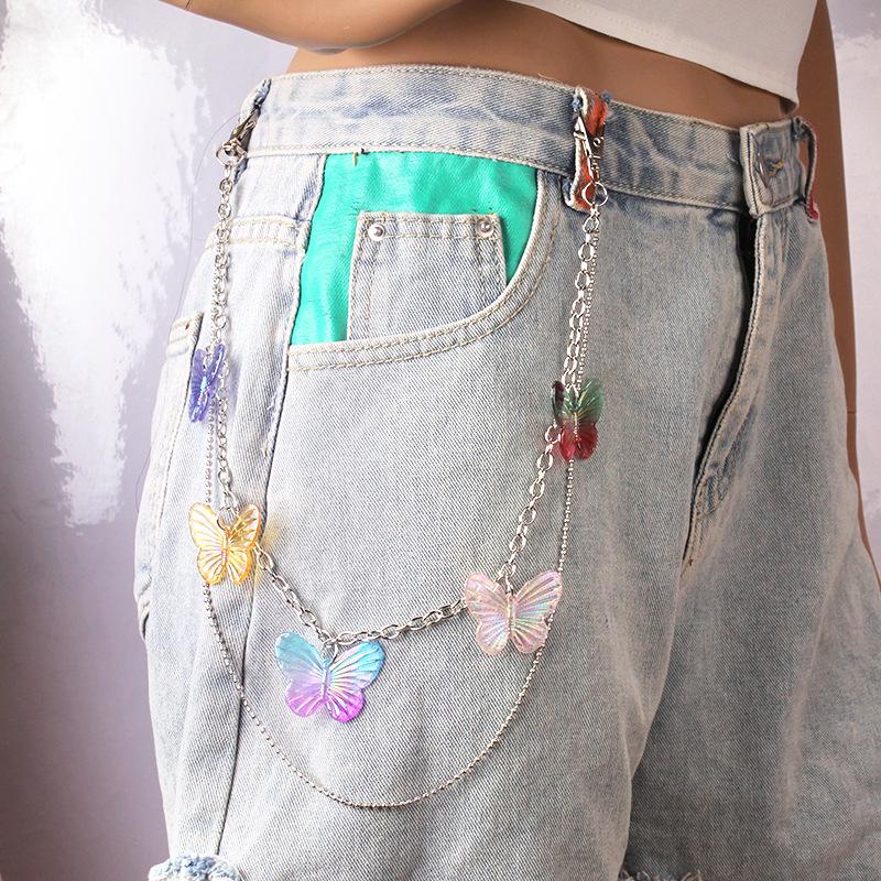 Trendy Street Retro Double Layer Resin Butterfly Pants Chain Hip Hop Beads Hanging Chain Belt Clothing Accessories