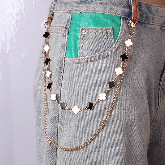 Jewelry fashion trend double-sided dripping oil black and white four-leaf clover double-layer all-match pants chain body chain