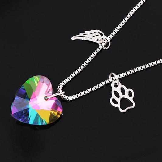 Popular Jewelry Wings Dog Claw Peach Heart Colorful Glass Pendant Necklace Temperament Heart Shaped Sweater Chain