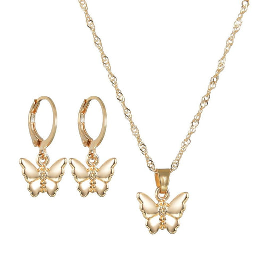 Gold Butterfly Round Buckle Earrings Necklace Accessories Simple Fashion Two-Piece Set Ornaments