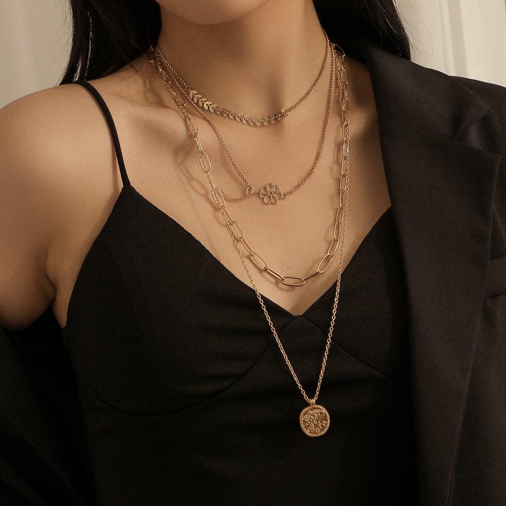 Fashion Metal Wheat Spike Flower Three Layer Necklace Retro Coin Pendant Trend Chain Clavicle Necklace