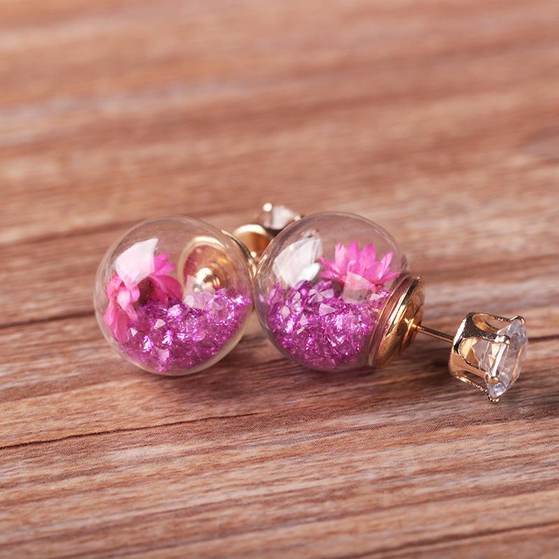 Fashion Glass Ball Broken Diamond Dried Flower Stud Earrings Taobao Double-sided Spherical Earrings Jewelry