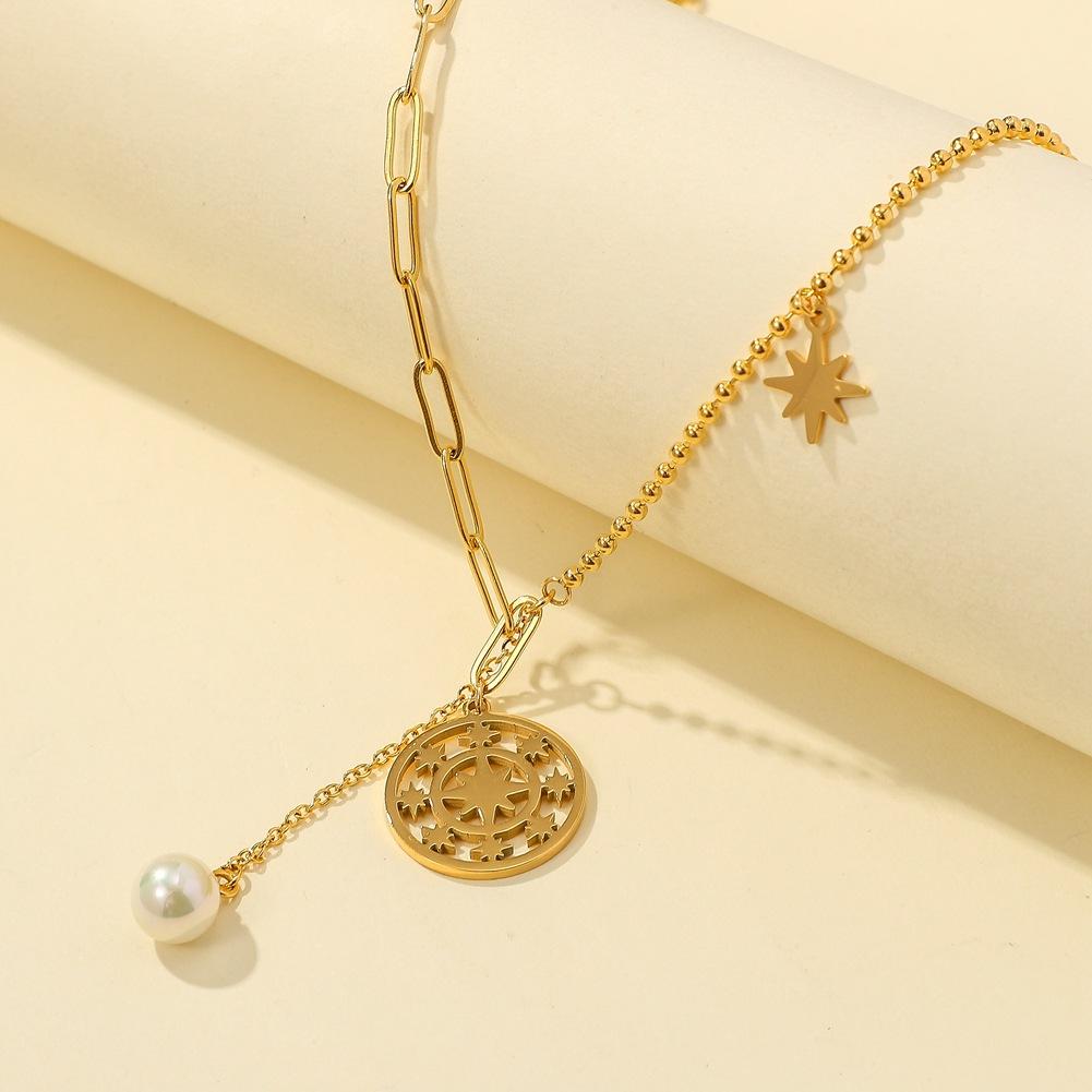 Stainless Steel Jewelry Creative Compass Hexagram Pearl Pendant 18K Gold Fashion Short Necklace For Women
