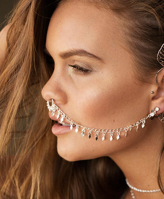 Personalized creative punk earrings geometric rhombus tassel chain earrings nose clip
