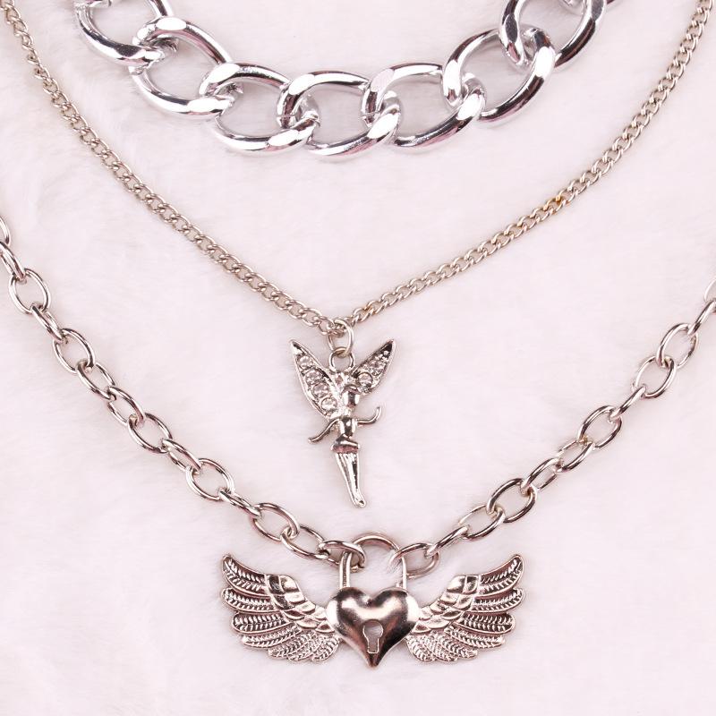 Personality jewelry alloy peach heart lock-shaped diamond-encrusted angel pendant double-layer set chain fashion necklace