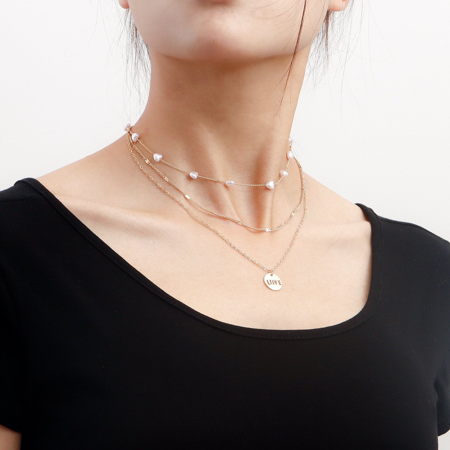 Jewelry fashion multi-layer small hole chain LOVE round pendant necklace female love imitation pearl necklace