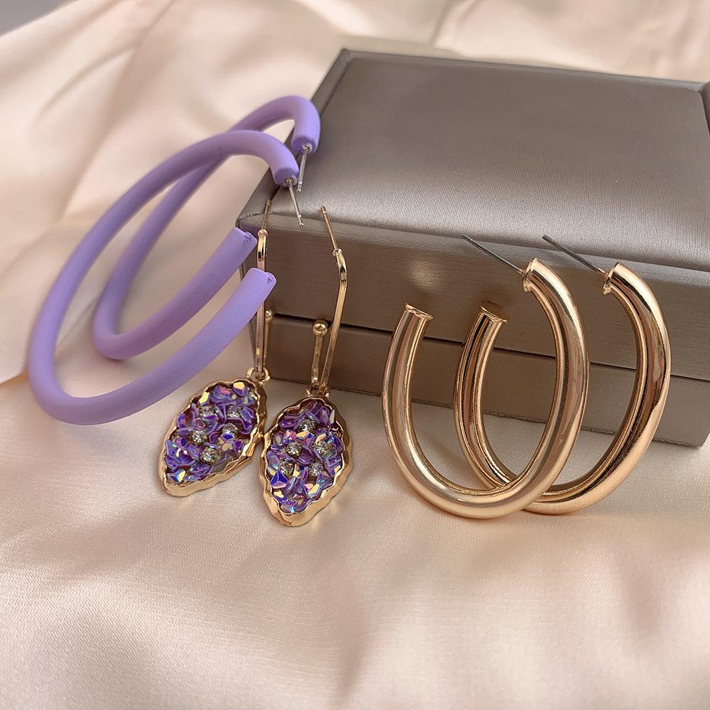 Winter Hepburn Temperament Alloy Earring Set Women's Versatile Gravel Big Earring Purple Cute Earrings