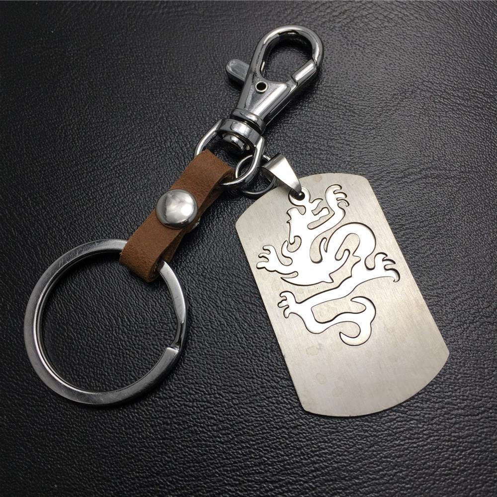 Double-layer Dragon Totem Titanium Steel Pendant Pendant Stainless Steel Keychain Cowhide Waist Hanging Men's and Women's Jewelry