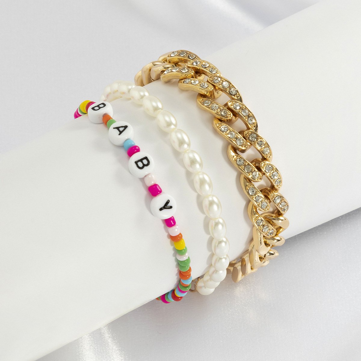 Jewelry Sweet Cool Imitation Pearl Alphabet Beads Bracelet Hip Hop Full Diamond Cuban Chain Bracelet Female