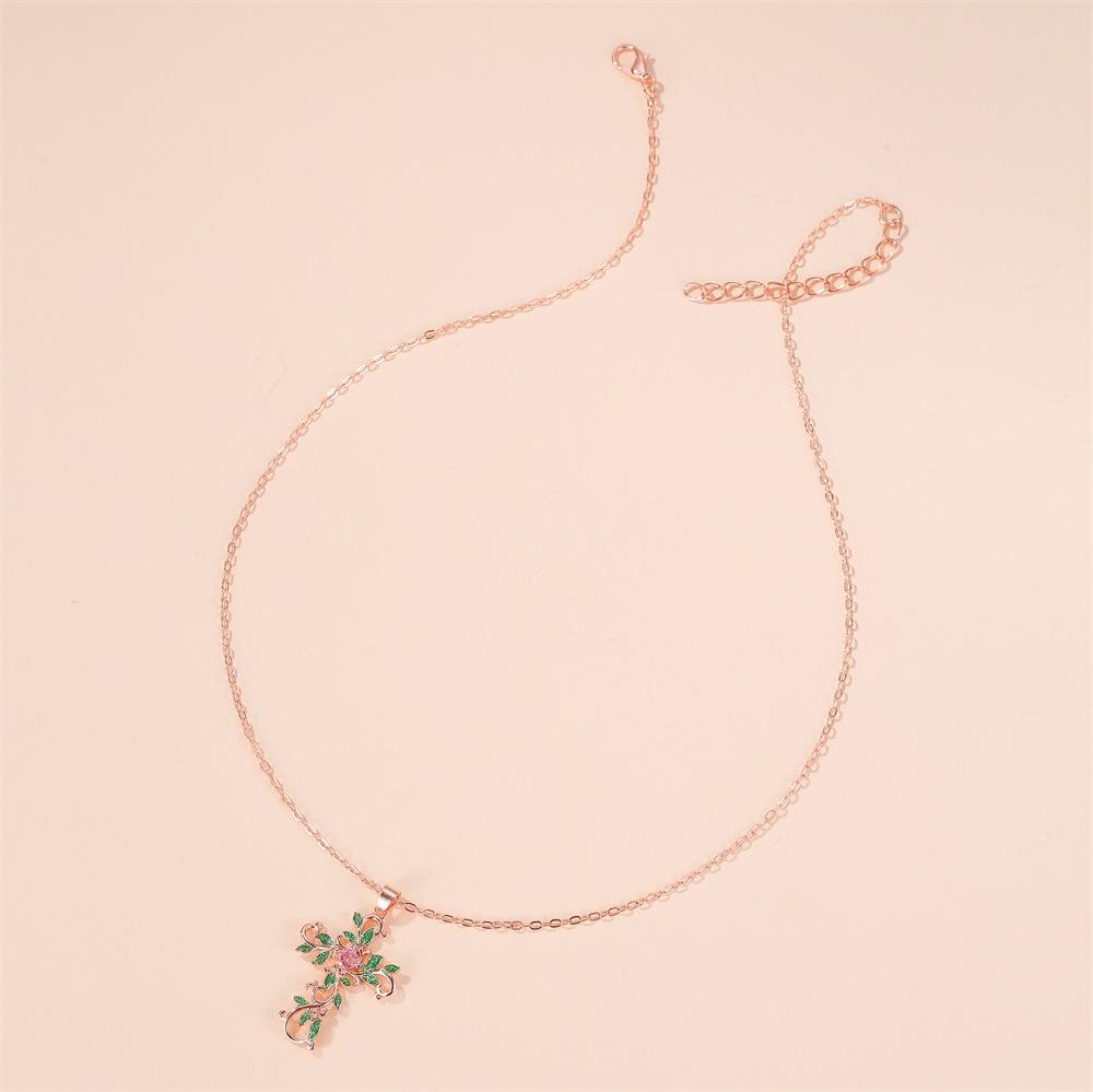 Personality Flower Cross Necklace Fashion Temperament Diamond-studded Leaf Clavicle Chain Simple Necklace Female