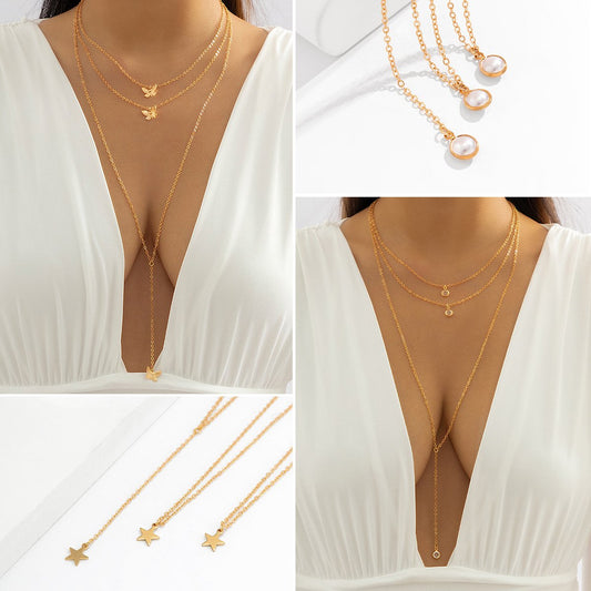 Jewelry Sexy Long Y Shape Geometric Rhinestone Necklace Imitation Pearl Versatile Butterfly Tassel Necklace
