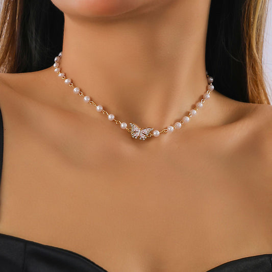 Jewelry Imitation Pearl Chain Mix and Match Stacked Necklace Temperament Full of Diamond Small Butterfly Multi-Layer Necklace Female