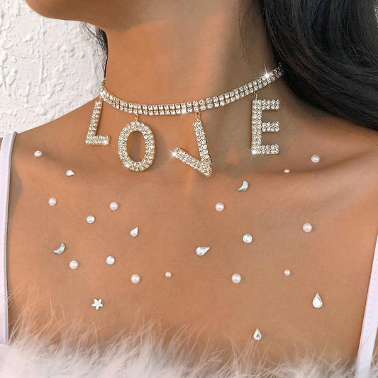 N9373 Exaggerated Net Red Necklace LOVE Full Diamond Light Luxury Temperament Necklace Personality Trendy Fashion Necklace Female