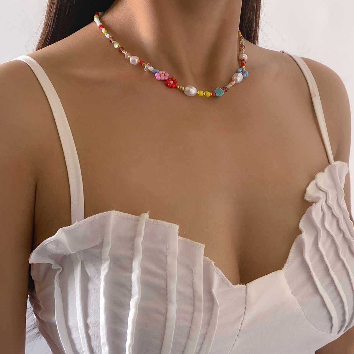 Bohemia Vacation Small Daisy Flower Necklace Simple Colorful Rice Beads Beaded Necklace Women