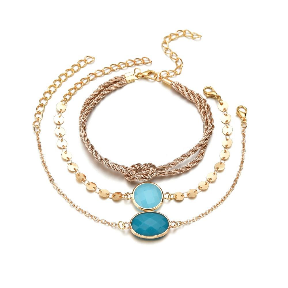 Accessories Rope Braided Bracelet Vintage Oval Resin Bezel Diamond Bracelet Set of 3