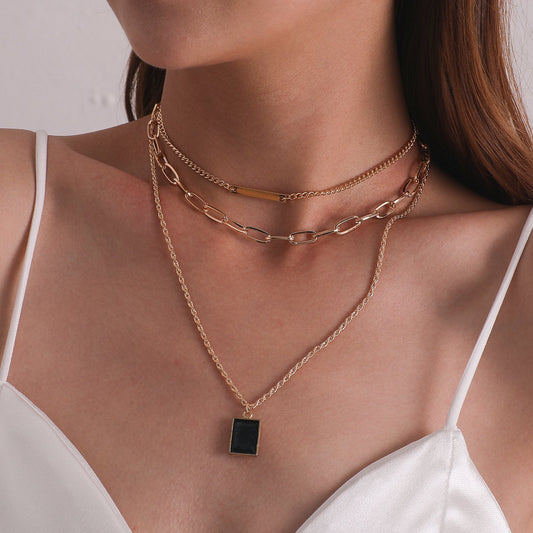 Jewelry Black Diamond Gemstone Pendant Chain Necklace Women's Fashion Street Shoot Multi-layer Trend Necklace