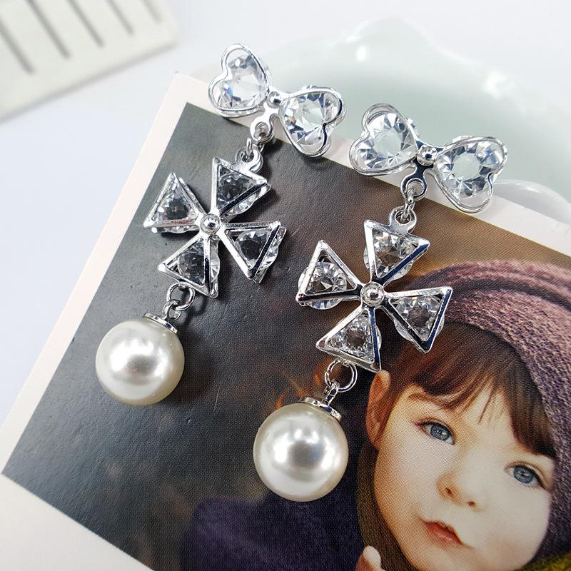 Four-leaf flower bowknot pearl and diamond earrings five-petal flower stud earrings charm