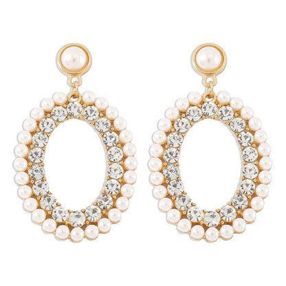 E1754 Baroque pearl rhinestone niche earrings geometric oval elegant retro French gentle earrings for women