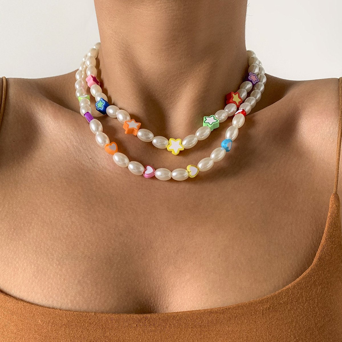 Jewelry Temperament Simple Imitation Pearl Clavicle Necklace Retro Color Peach Heart Star Clavicle Necklace