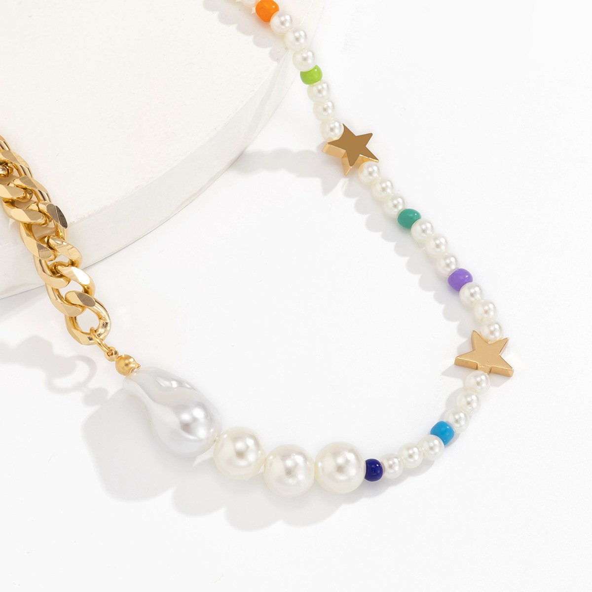 Metal Chain Baroque Pearl Necklace Female Bohemia Vacation Colorful Rice Beads Necklace