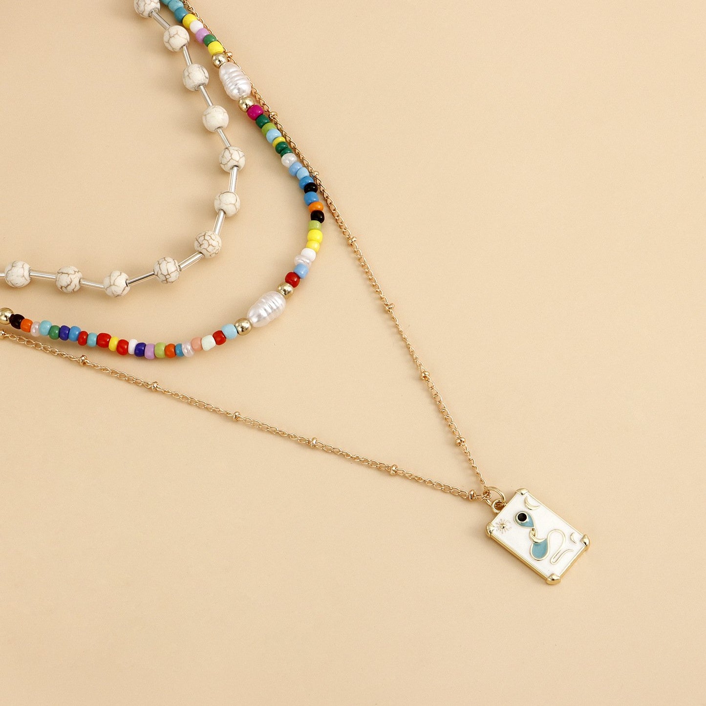 Jewelry Bohemian double-layer colored rice beads turquoise necklace female geometric trendy matching accessories