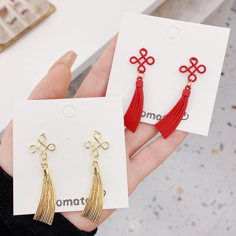 S925 Silver Needle Chinese New Year Red Earrings Winter Tassels Chinese Knot Earrings Female Elegant Ethnic Earrings