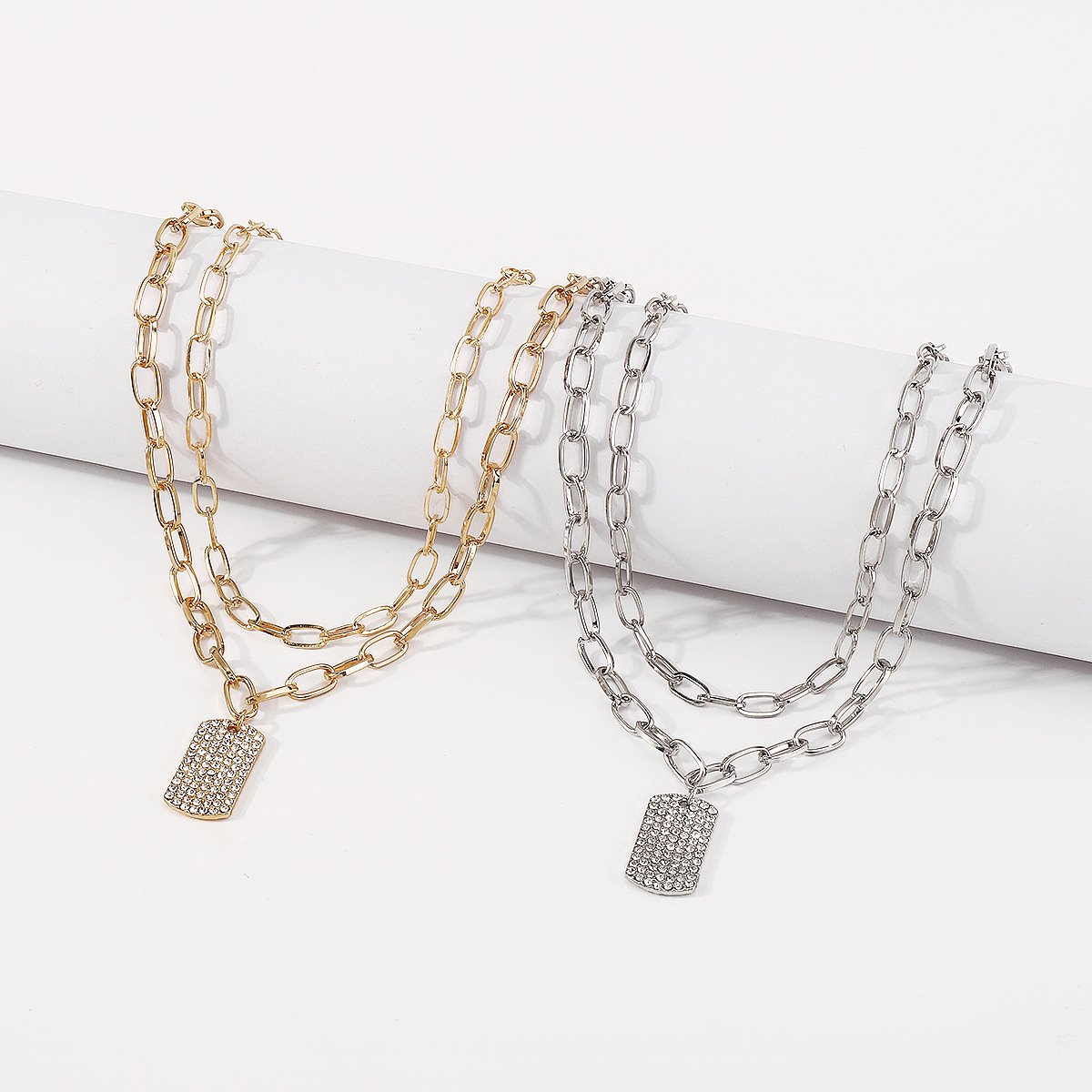 1289 Hip Hop Double Layer Necklace Exaggerated Chain Square Brand Full Diamond Geometric Necklace Literary Personality Necklace