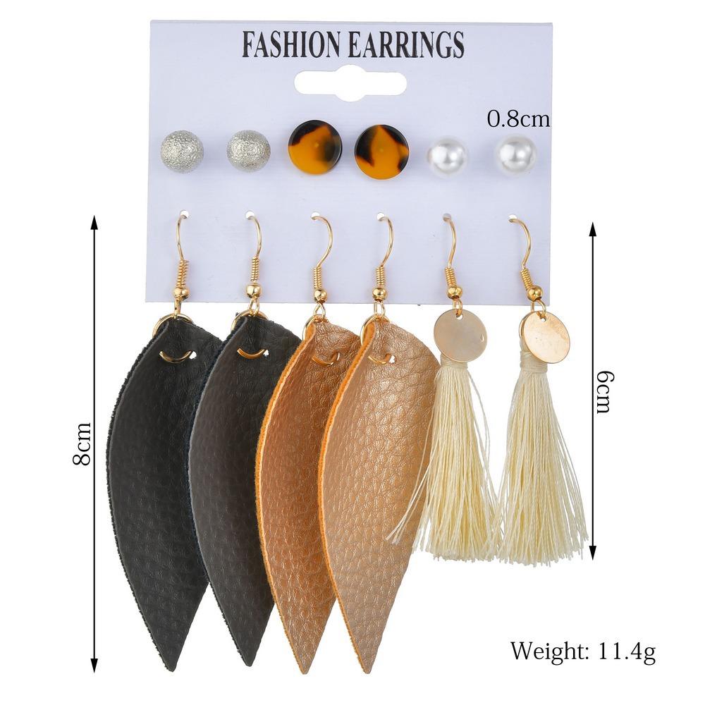 Earrings Boho Tassel Drop Earrings Vintage Leather Acetate Stud Set of Six