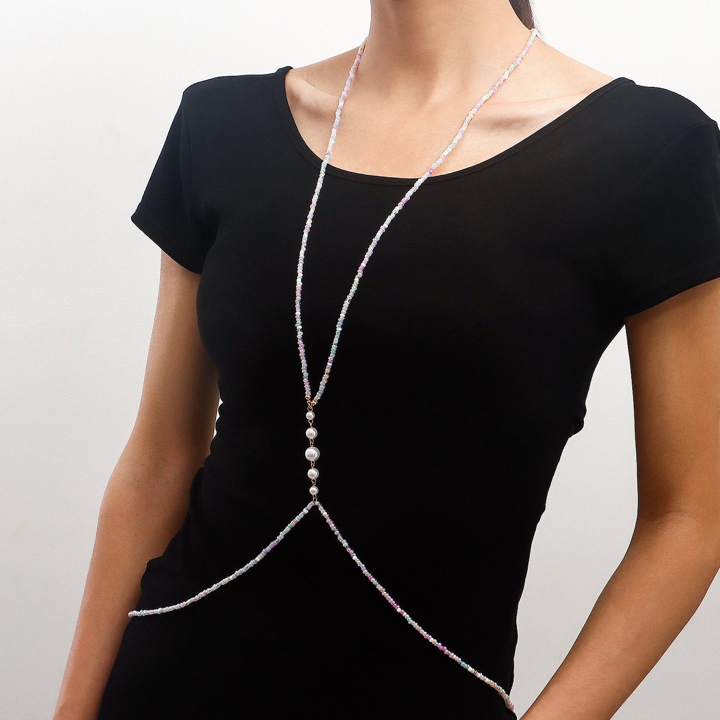 Summer Xiaoxiang colored rice beads imitation pearl body chain jewelry ins hot girl breast chain