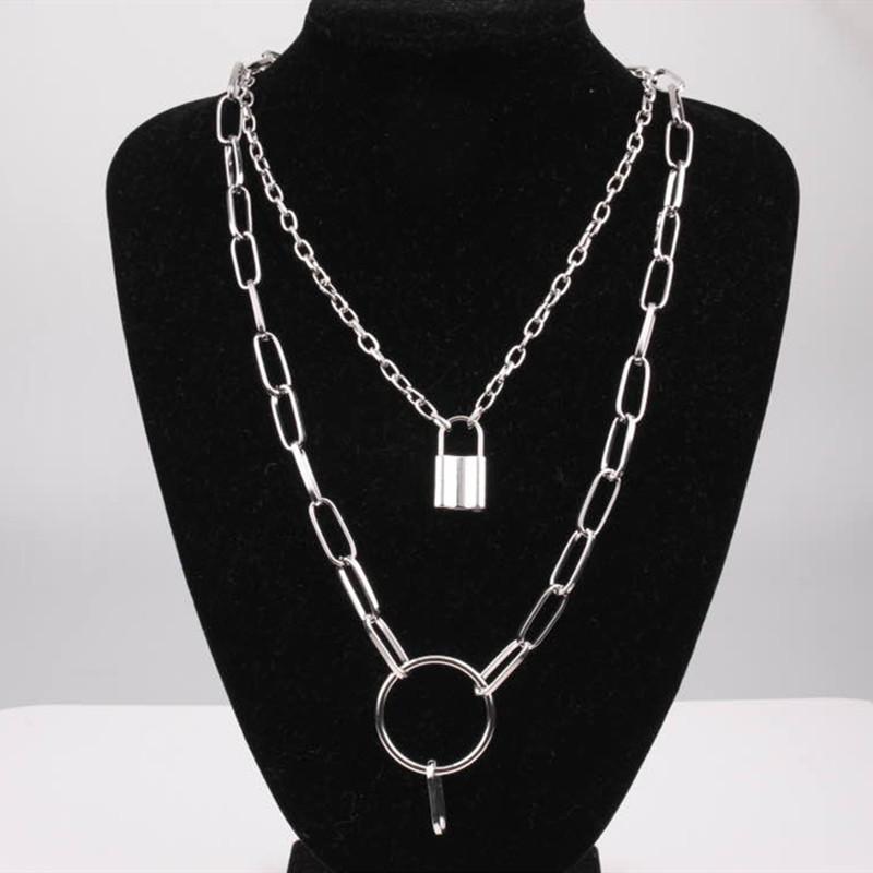 Jewelry Personality Punk Pop Double Layer Necklace Copper Ring Lock Pendant Necklace