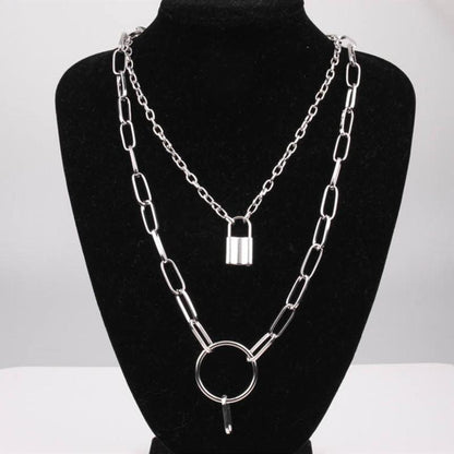 Jewelry Personality Punk Pop Double Layer Necklace Copper Ring Lock Pendant Necklace