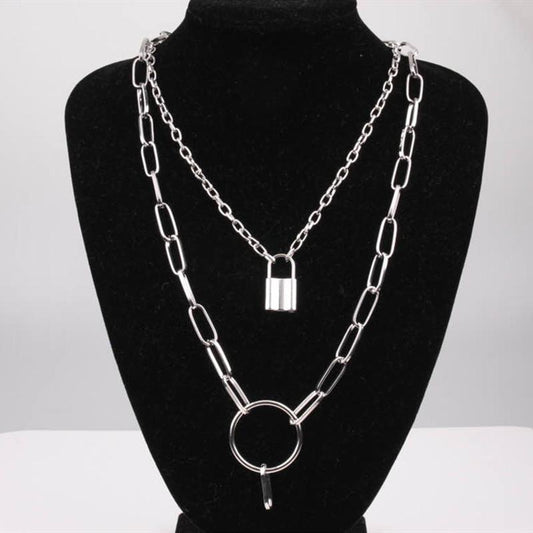 Jewelry Personality Punk Pop Double Layer Necklace Copper Ring Lock Pendant Necklace