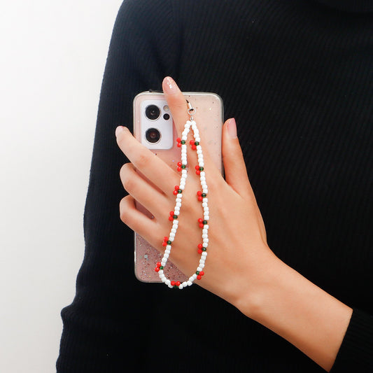 Jewelry white rice beads beaded mobile phone lanyard pastoral red cherry bag mobile phone chain