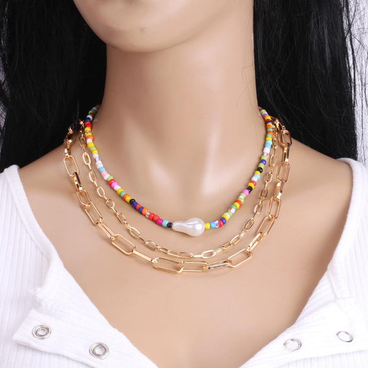 Jewelry ins heterosexual pearl clavicle chain multi-layer combination stacked color millet bead necklace female