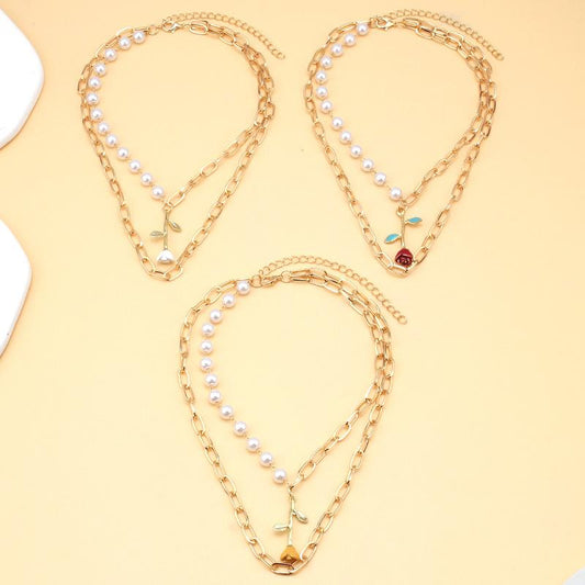 Jewelry double-layer paper clip chain pearl rose pendant necklace trendy small fragrance female necklace