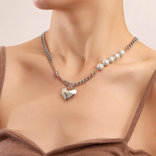 Jewelry Reflective Pearl Heart Stitching Necklace Female Hip Hop Ins Trendy Cool Clavicle Chain Accessories