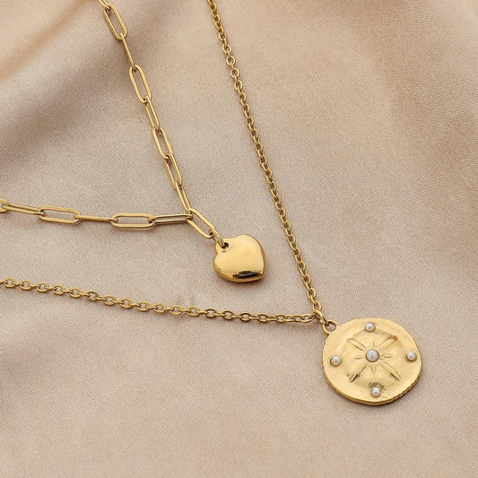 Fashion personality double love stainless steel gold coin star pendant titanium steel heart-shaped necklace for women