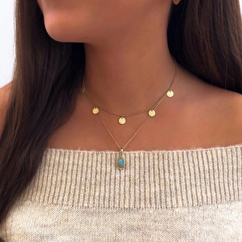 Fashion Round Iron Necklace Clavicle Chain Alloy Water Drop Pendant Multilayer Necklace Accessories