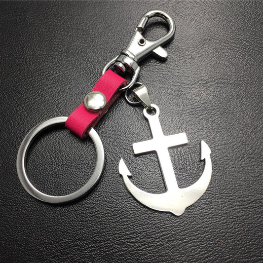 Large anchor titanium steel pendant sailing diary stainless steel key chain pendant cowhide connection piece Valentine's Day gift