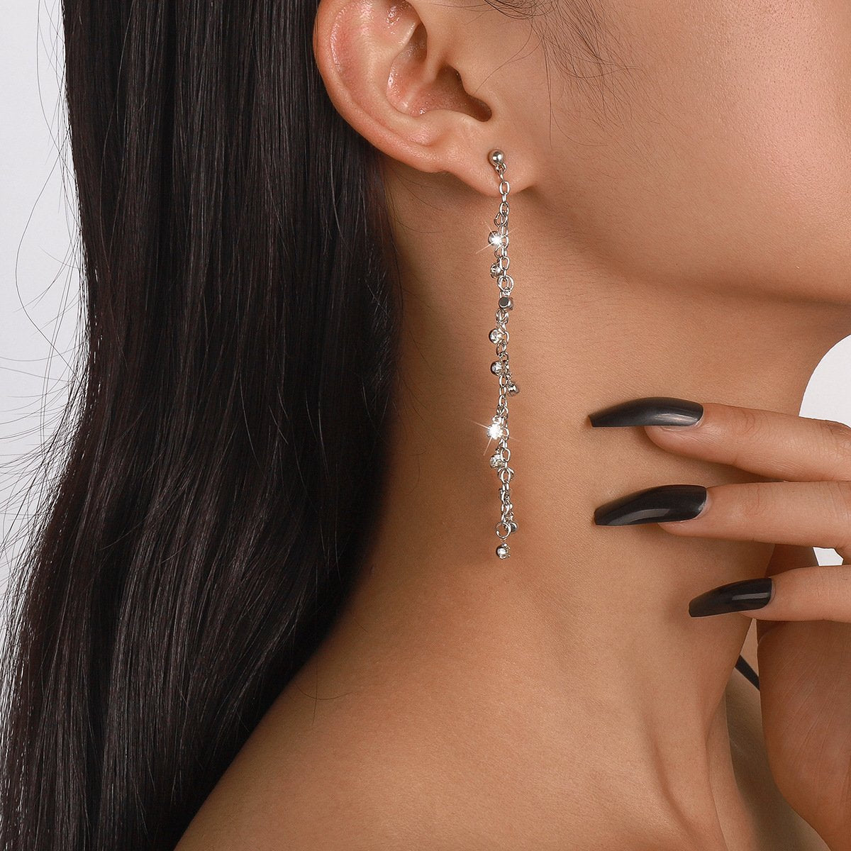 E1751 Temperament simple niche metal earrings micro-inlaid rhinestones long chain personality retro earrings